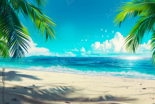 Beautiful tropical beach banner. White sand and coco palms travel tourism wide panorama background concept. Amazing beach landscape © Mayava