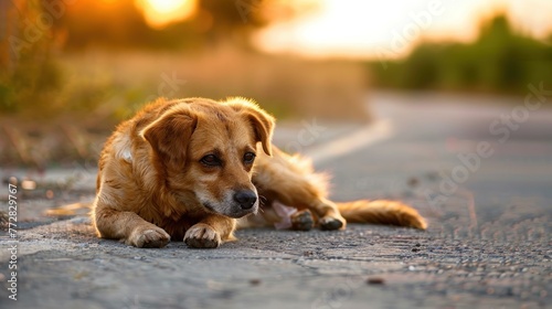 Lonely Stray Dog Waits Patiently on a Roadside in Summer Solace Generative AI.