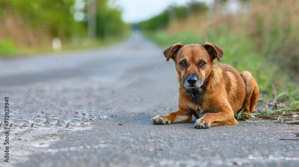 Fototapeta premium Lonely Stray Dog Waits Patiently on a Roadside in Summer Solace Generative AI.