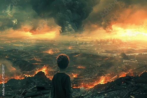 A boy stands facing a vast landscape of destruction photo