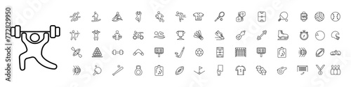 Useful hobby set icon. Running, skiing, dancing, swimming, kayaking, football, t shirt, racket, boxing gloves,air hockey, tennis racket, heart rate, volleyball, archery. Healthy lifestyle concept.