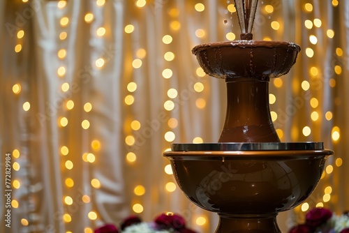chocolate fountain with a backdrop of wedding lights