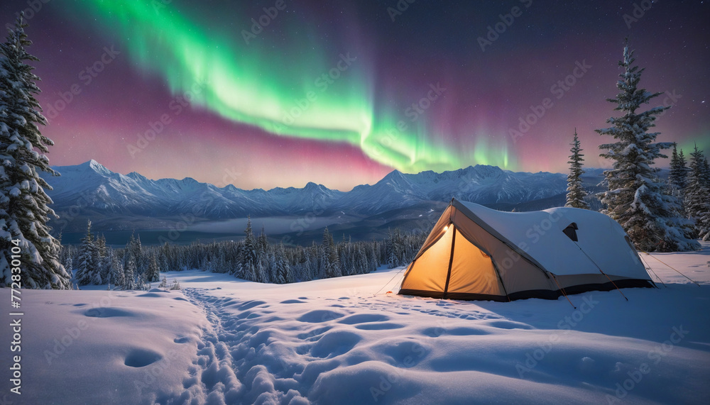 Camping At Night, Beneath The Enchanting Dance Of The Aurora, Set Against A Snow-Kissed Landscape, Captured Through The Lens Of Unreal  colorful background