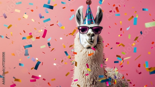A festive llama in sunglasses and a party hat is showered with colorful confetti