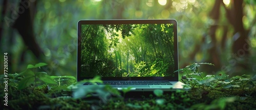 Wallpaper Mural A laptop with a vibrant green nature-themed screen sits in a tranquil forest setting. Torontodigital.ca