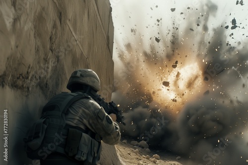 soldier taking cover as a fortified bunker wall explodes