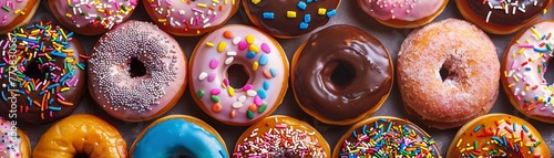 A vibrant array of assorted donuts with various icings and sprinkles