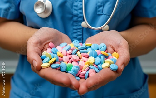 Doctor holding colorful pills in hands,closeup,blue and pink,World Health Day concept.