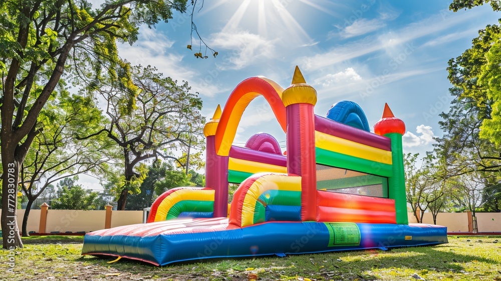 Brightly colored inflatable bounce house standing in a sunny park