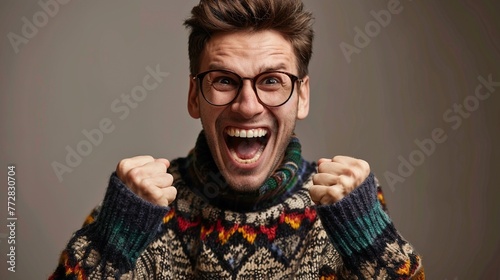 An ecstatic man with stylish glasses and a sweater exults with raised fists photo
