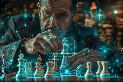 A businessman plays a futuristic chess game against the urban skyline showcasing real estate innovation, Generated by AI