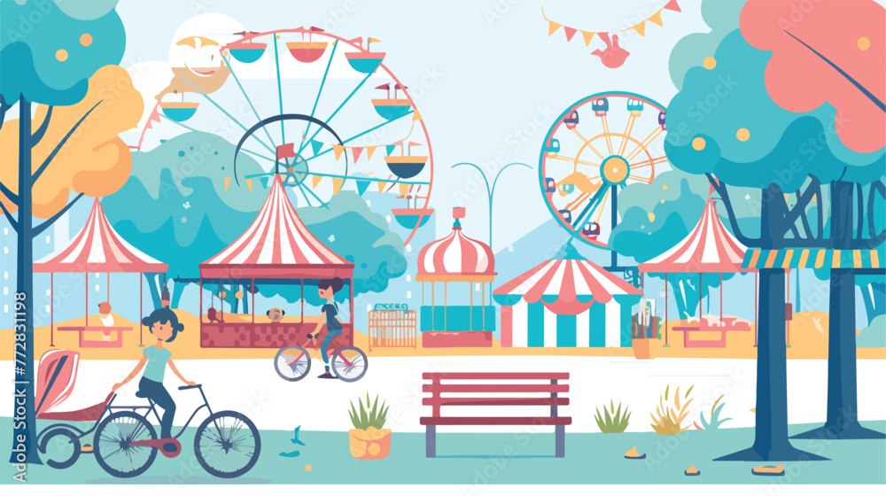 Amusement park scenery with ferris wheel circus tent