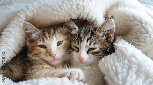 Two sweet kittens snuggle close together wrapped in a plush white blanket