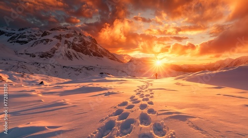 A person stands at the end of a snowy trail  framed by a beautiful sunset