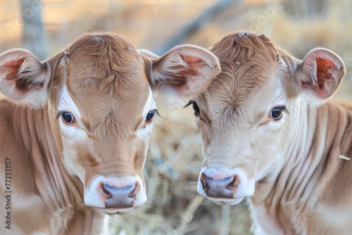 sibling calves with matching eye patterns side by side
