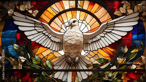 Vibrant stained glass The winged dove symbolizes the Holy Spirit of the New Testament.