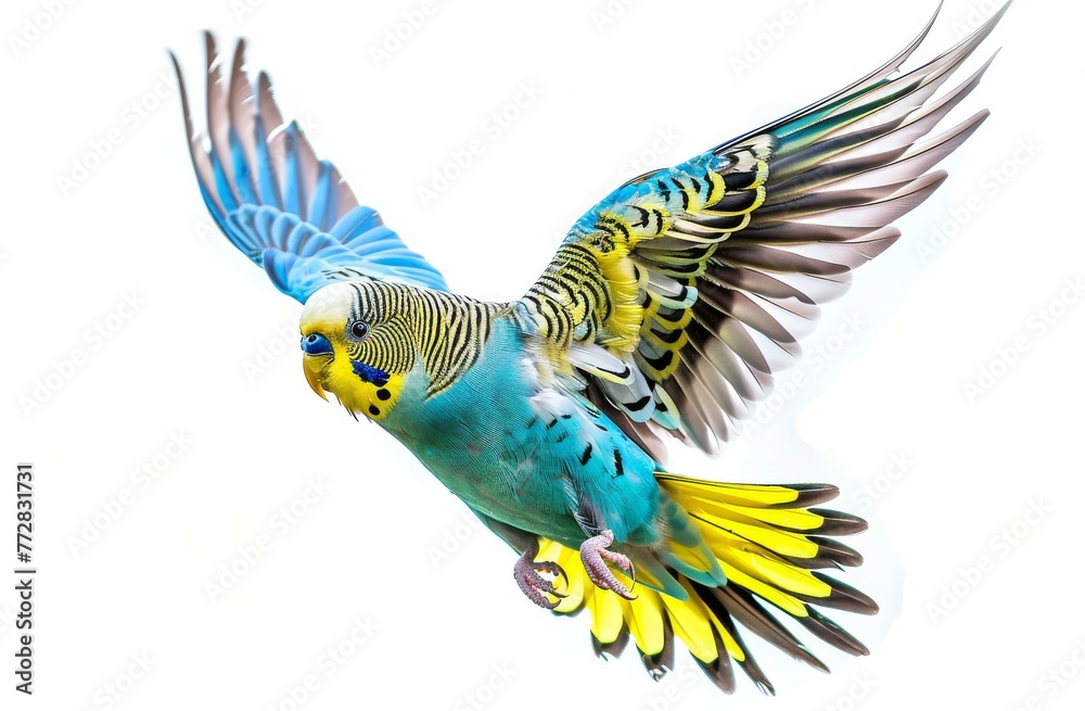 parrot flies with its wings spread on a white isolated background parrot flies with its wings spread on a white isolated background