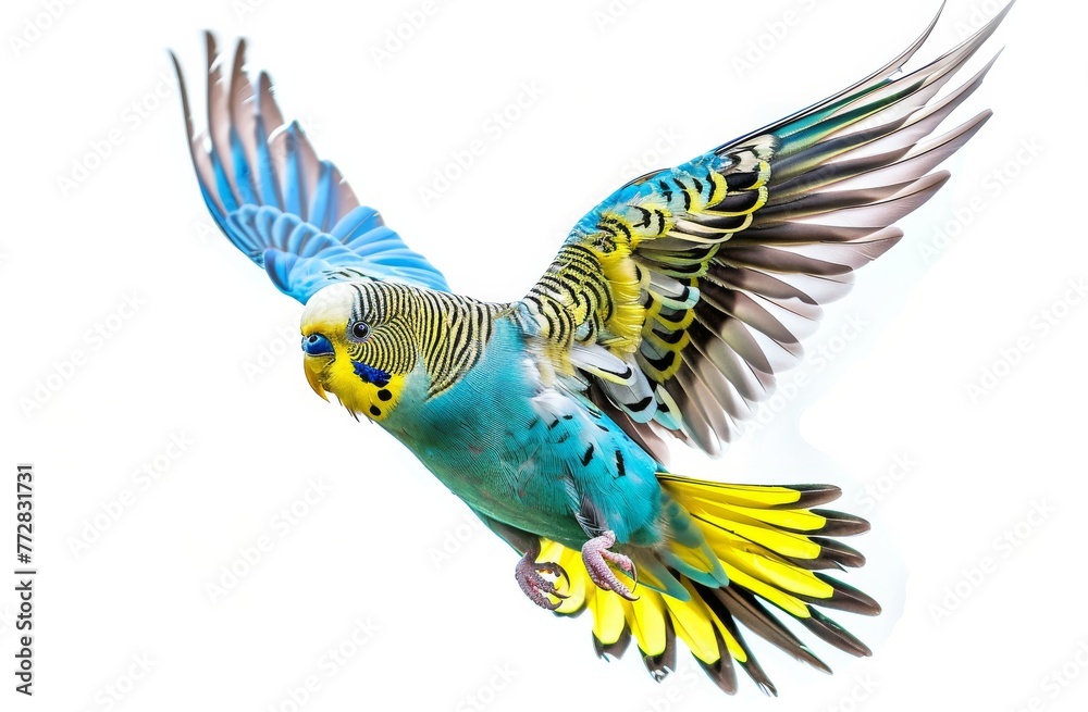 parrot flies with its wings spread on a white isolated background