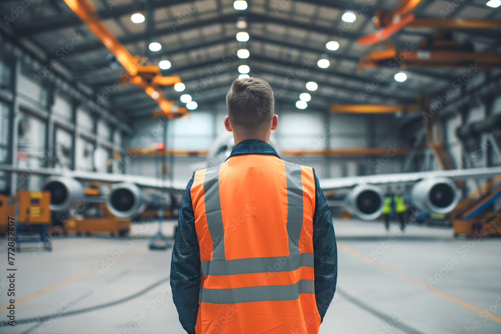 Fototapeta premium A man in a protective vest visits an aircraft factory. Back view