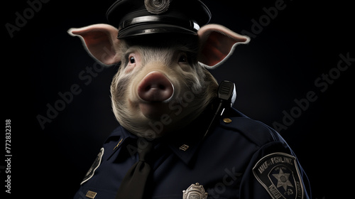 an illustration depicting a cartoon pig of a policeman, a sheriff on a monochrome background.