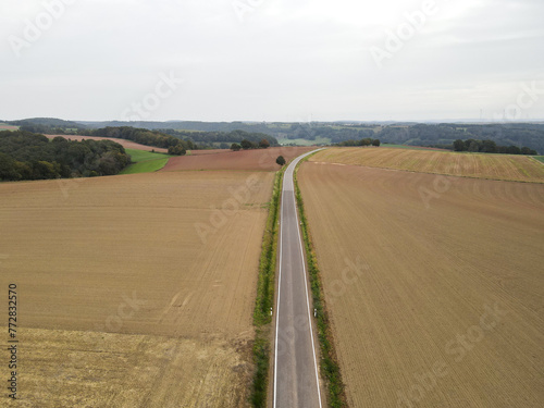 Aerial view of a long road between farm fiels in the countryside 