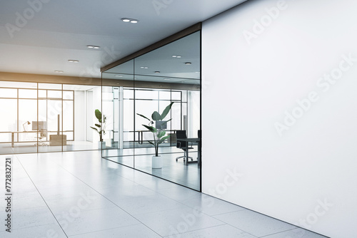 Contemporary office with panoramic city views, glass walls, and minimalist design. 3D Rendering