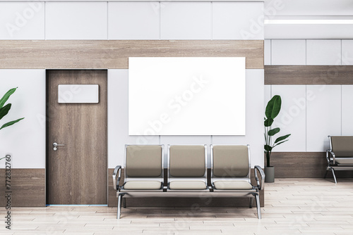 Modern office waiting room with blank white poster and wooden accents. 3D Rendering