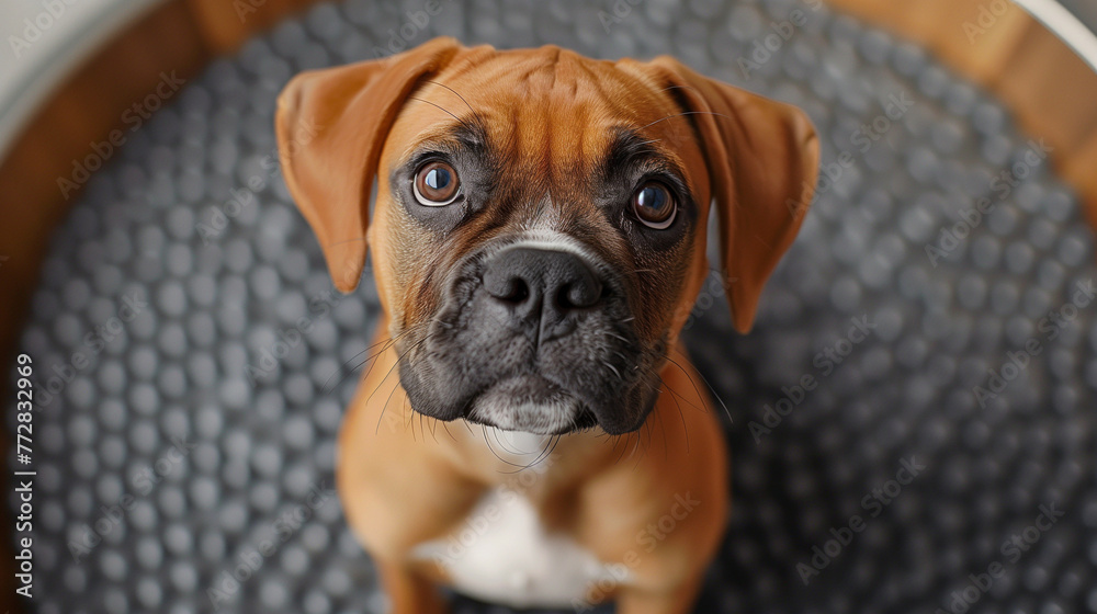 Front view of a boxer dog in bathroom