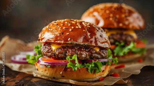 Close-up of two juicy cheeseburgers on rustic restaurant table