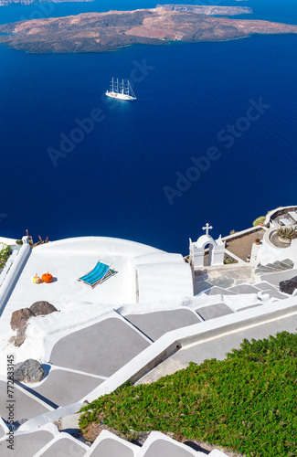 house and stair street leading to the sea. with views to caldera in Santorini Island  Greece. Landscape Greek islands
