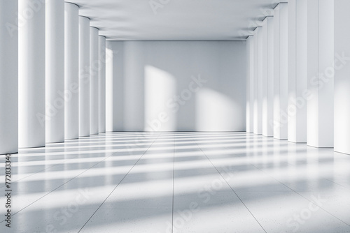 Modern gallery interior with white columns, shadow play on the floor, minimalist design, and empty clean space for exhibition. 3D Rendering