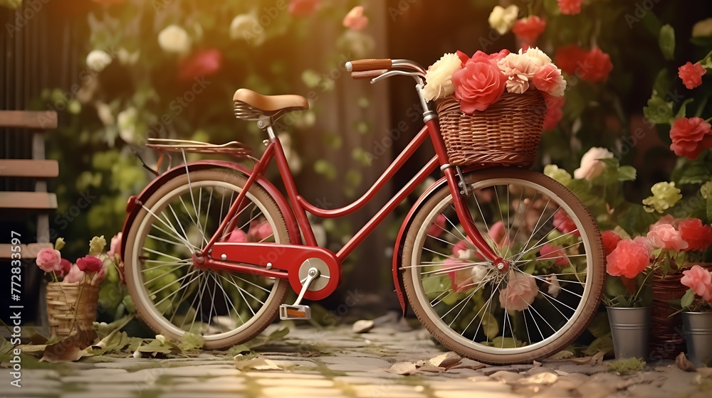 Bicycle in the park with flowers in the basket. 