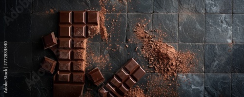 Assorted dark chocolate bars and cocoa powder on dark stone background