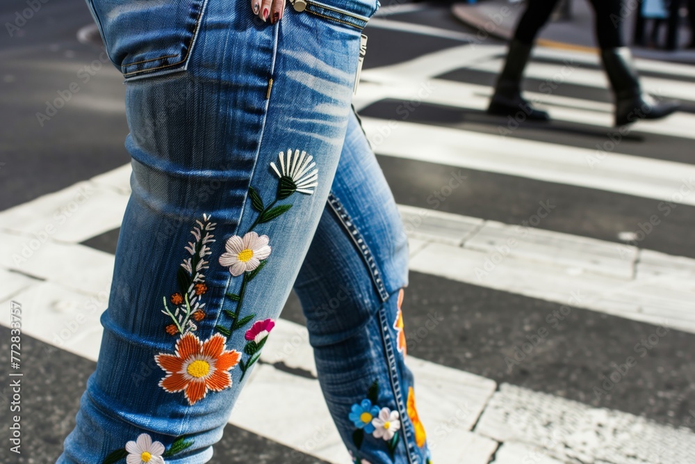 embroidered denim jeans with flowers on a person crossing street