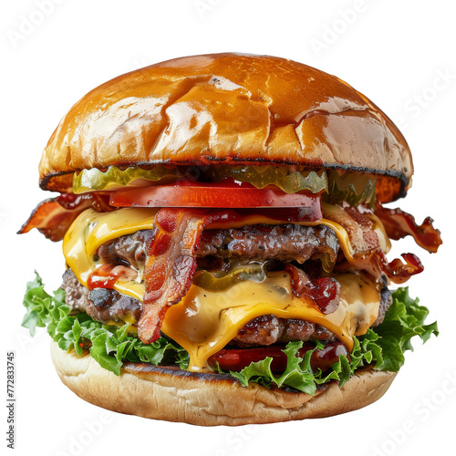 Deluxe Double Bacon Cheeseburger with Fresh Toppings - Transparent Background