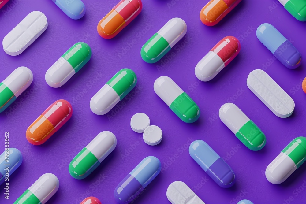 a group of pills on a purple surface a group of pills on a purple surface