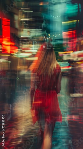 Abstract blurred motion of woman walking in the city at night