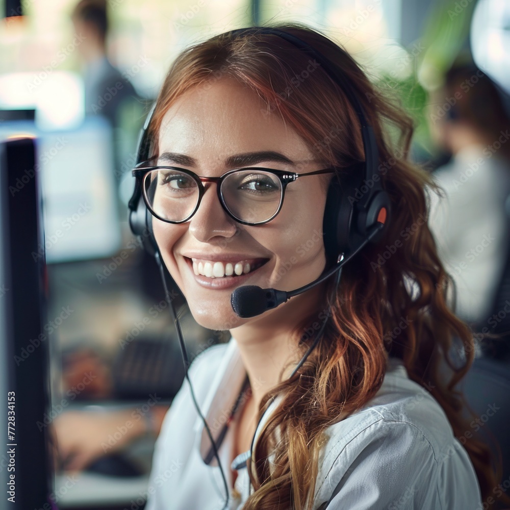 smiling call center operator wearing headset in front of computer smiling call center operator wearing headset in front of computer