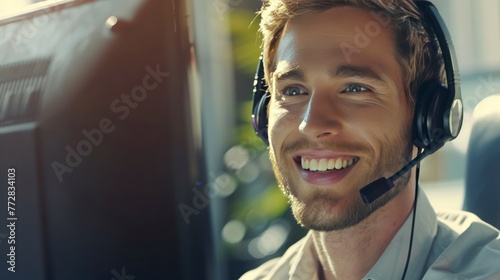 smiling call center operator wearing headset in front of computer