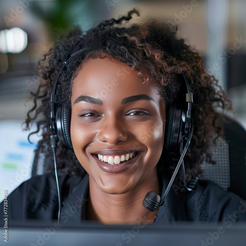 smiling call center operator wearing headset in front of computer