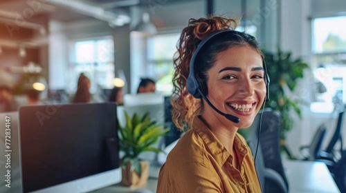 smiling call center operator wearing headset in front of computer