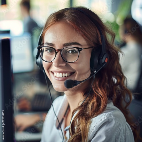 smiling call center operator wearing headset in front of computer