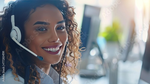 smiling call center operator wearing headset in front of computer
