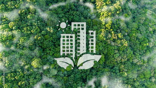 sustainable green building environmentally friendly buildings Future green business idea Environmental sustainability goals in 2050. White building shape amidst pristine nature. photo
