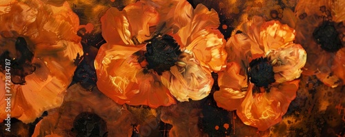Abstract floral painting with bright orange poppies