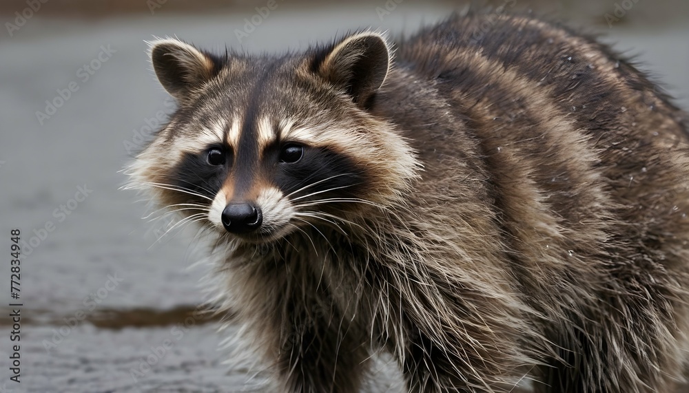 A Raccoon With Its Fur Wet From A Recent Rain Sha
