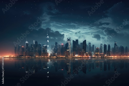 Skyscrapers illuminated by countless lights, Stunning night view of night City's skyline, and the iconic Building standing tall Photography, Ai generated