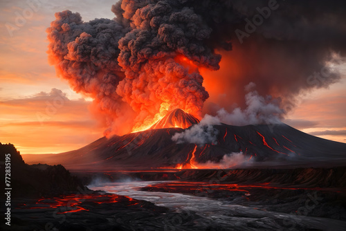 A landscape of a volcano eruption photo