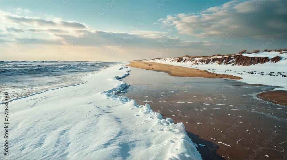 A snow-covered beach with sand and a sky background