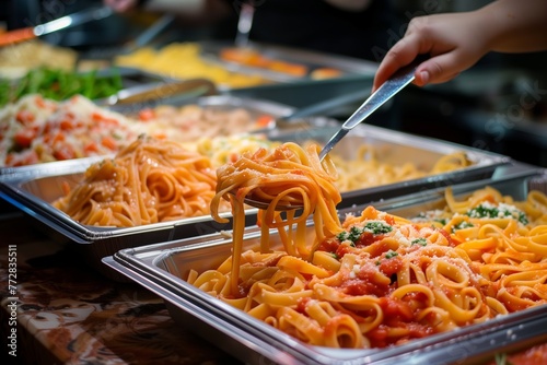 person serving themselves pasta at an italianthemed buffet